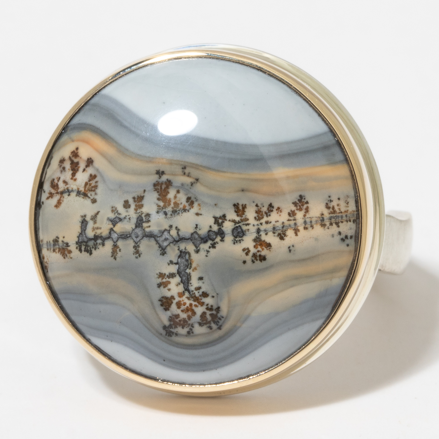 Jamie Joseph:Sterling & 14K Gold Ring w/ Round MALIGANO JASPER on Soft Live Edge Band,sz 7,3/4 diam