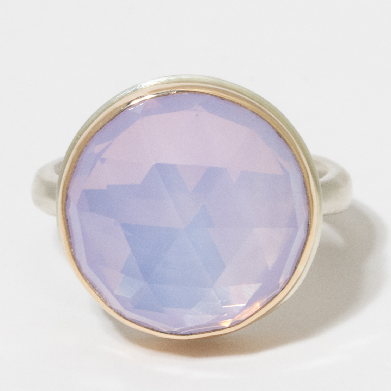Jamie Joseph:Sterling & 14K Gold Ring w/ Small Round R/C LAVENDER AMETHYST on Egyptian Band,sz 7,5/8 diam