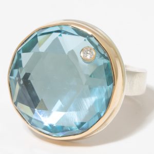 Jamie Joseph:Sterling & 14K Gold Ring w/ Round Rose Cut SKY BLUE TOPAZ & .03 ct Diamond on Live Edge Band,sz 7.75,3/4 diam