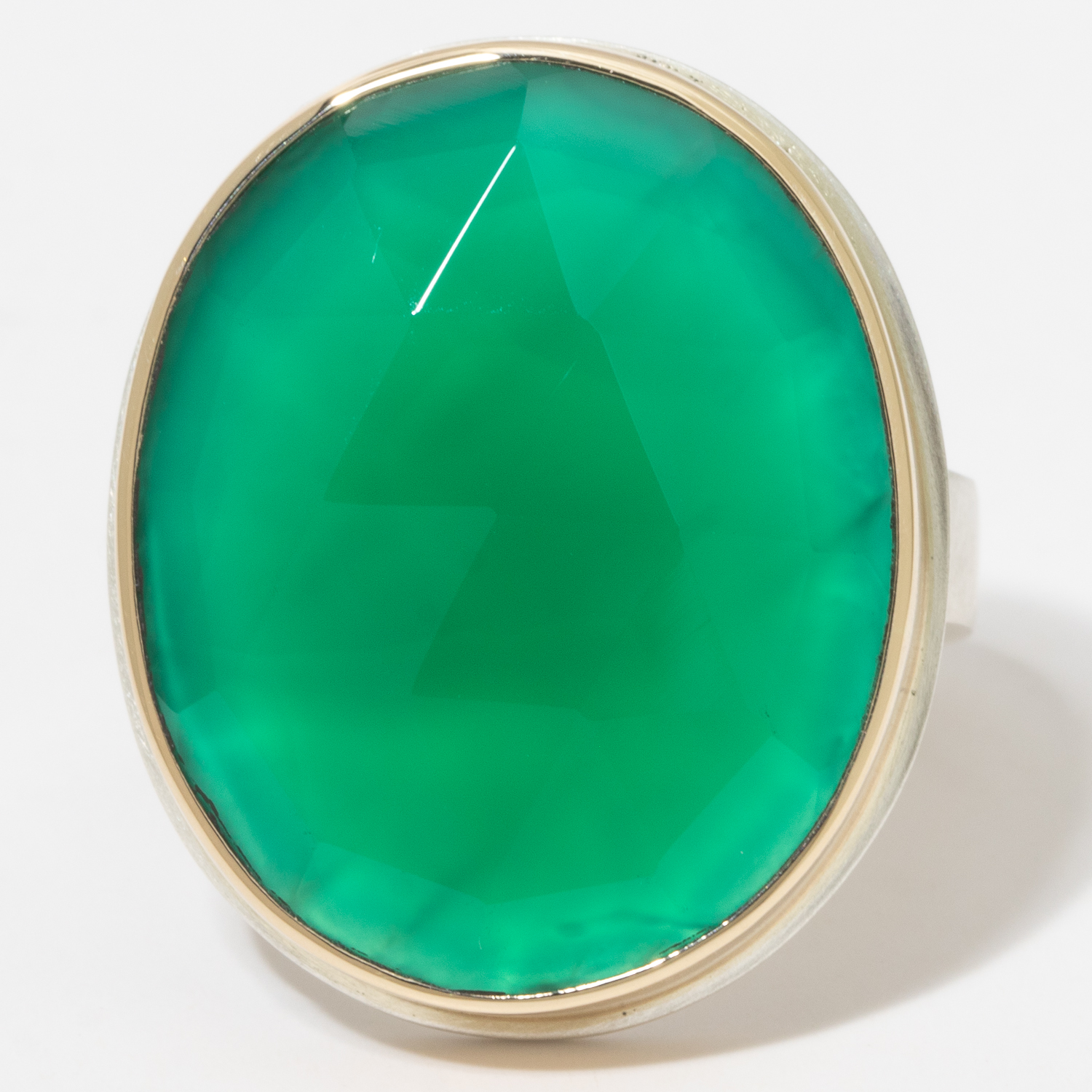 Jamie Joseph:Sterling & 14K Gold Ring w/ Vertical Oval Rose Cut GREEN ONYX on Y Band,SZ 7.5,15/16 X 3/4