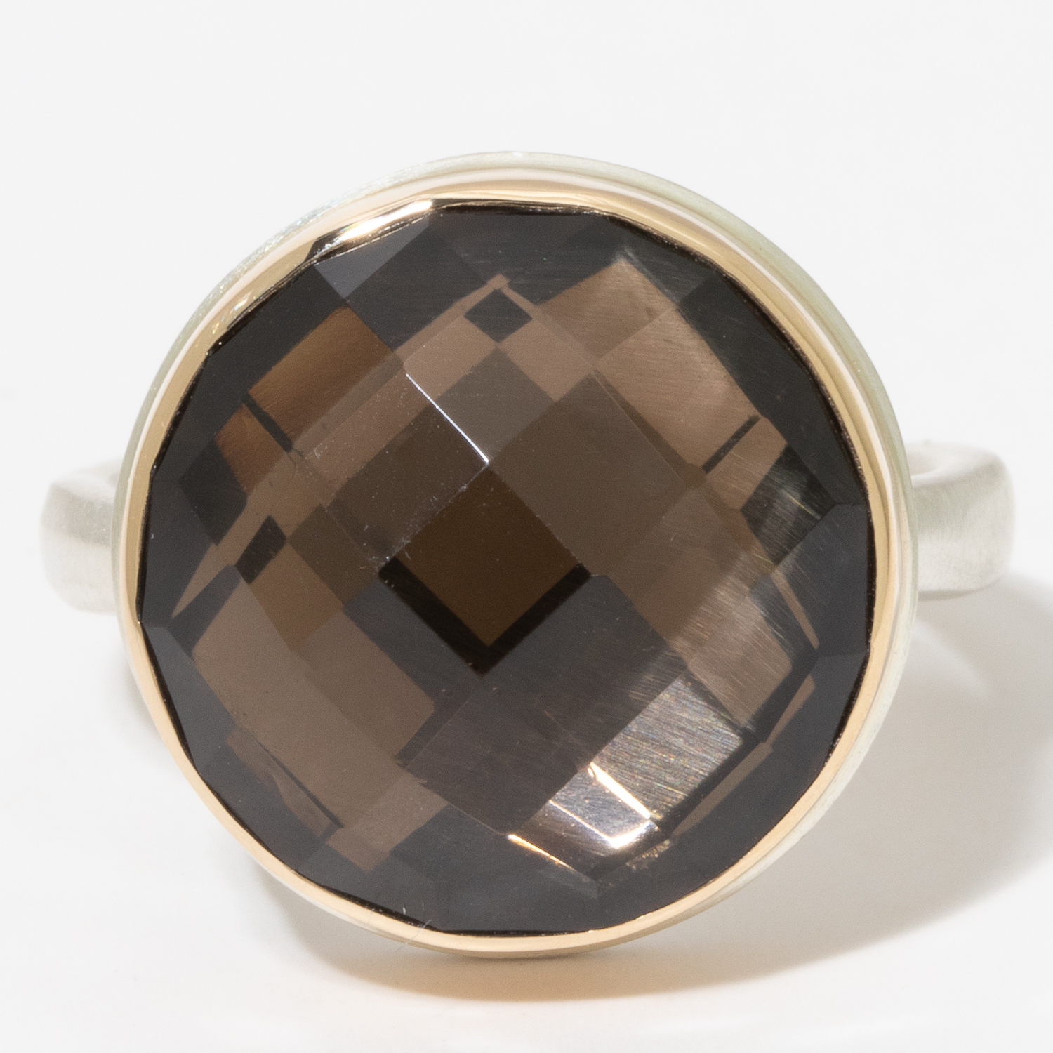 Jamie Joseph:Sterling & 14K Gold Ring w/ Small Round Checkerboard Cut SMOKY QUARTZ on Middle Organic Band,sz 7,5/8 diam