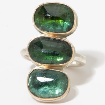 Jamie Joseph:Sterling & 14K Gold Ring w/ triple GREEN TOURMALINE Ring on Egyptian Band,sz 7.75,1 3/16 x 9/16