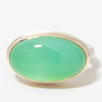 Jamie Joseph:Sterling & 14K Gold Ring w/ Oval Smooth CHRYSOPRASE on Egpytian Band,sz 7.25,7/16x11/16