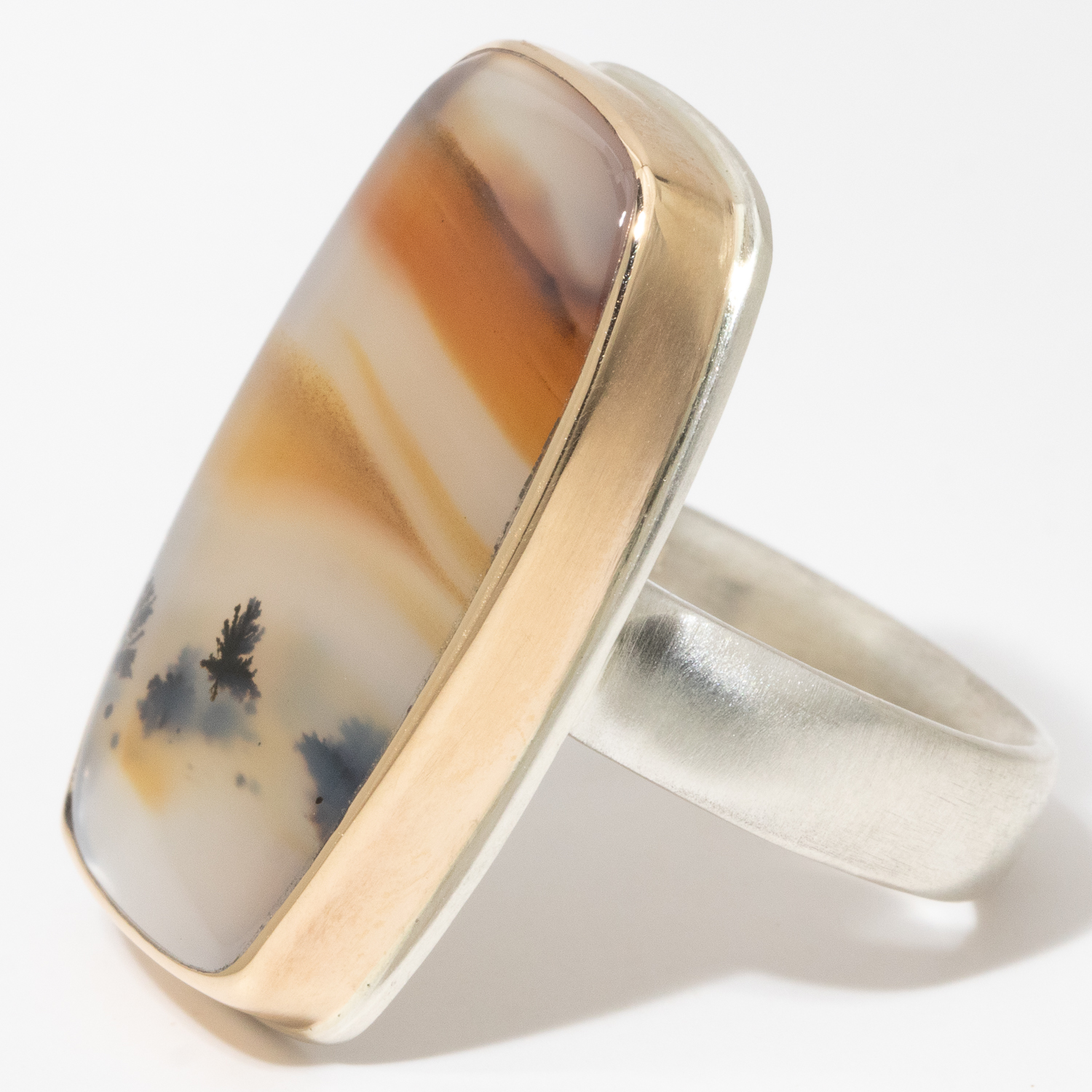 Jamie Joseph:Sterling & 14K Gold Ring w/ Vertical Rectangular MONTANA AGATE on Comfort Band,sz 8.25,1 1/16 x 5/8