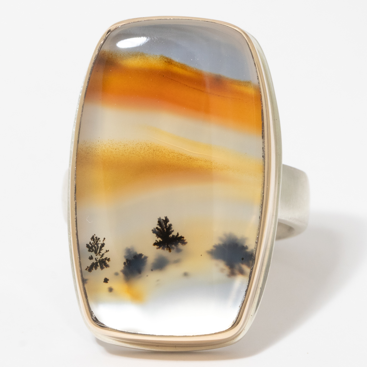Jamie Joseph:Sterling & 14K Gold Ring w/ Vertical Rectangular MONTANA AGATE on Comfort Band,sz 8.25,1 1/16 x 5/8
