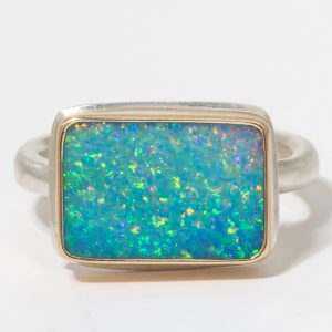 Jamie Joseph:Sterling & 14K Gold Ring w/ Small RectangularAUSTRALIAN OPAL DOUBLET on Egyptian Band,sz 7,3/8 x 9/16