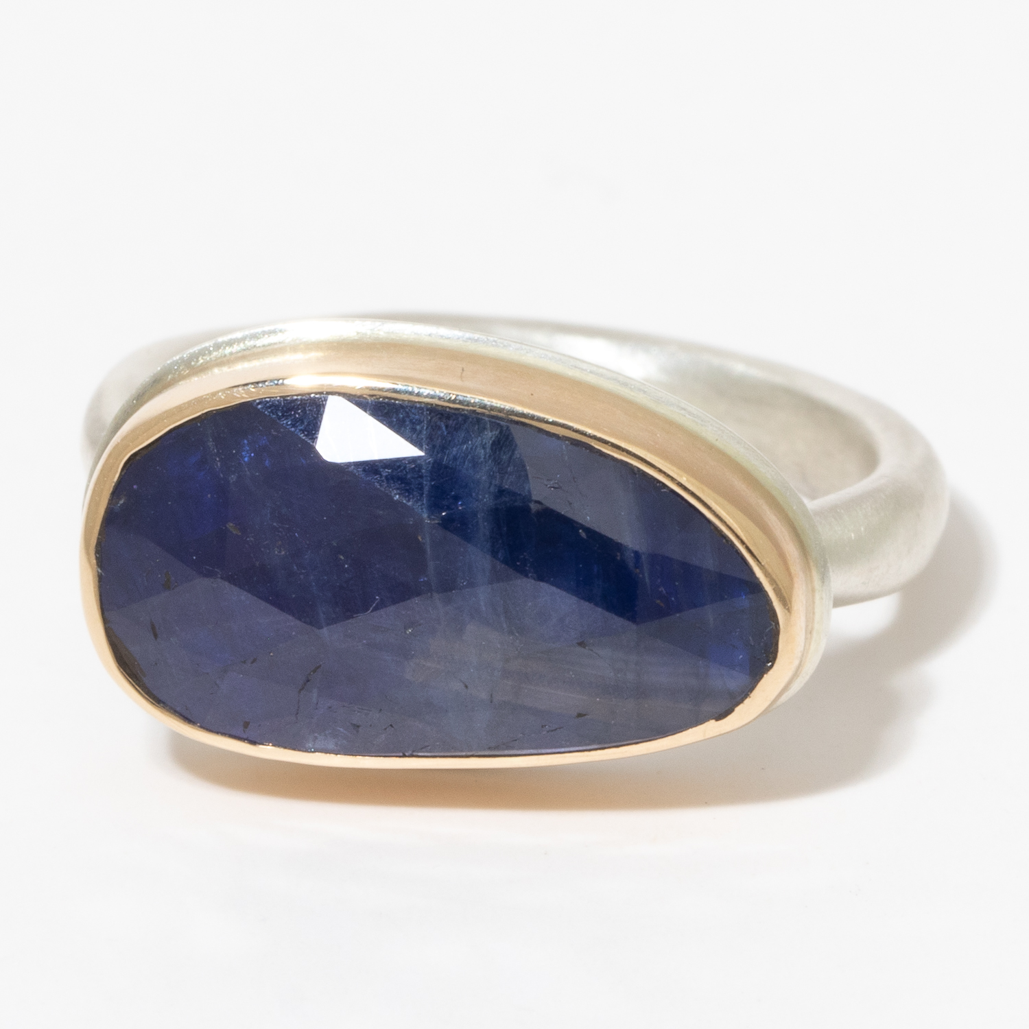 Jamie Joseph:Sterling & 14K Gold Ring w/ Small Asymmetrical Rose Cut BLUE SAPPHIRE on Middle Organic Band,sz 7.5,3/8 x 11/16