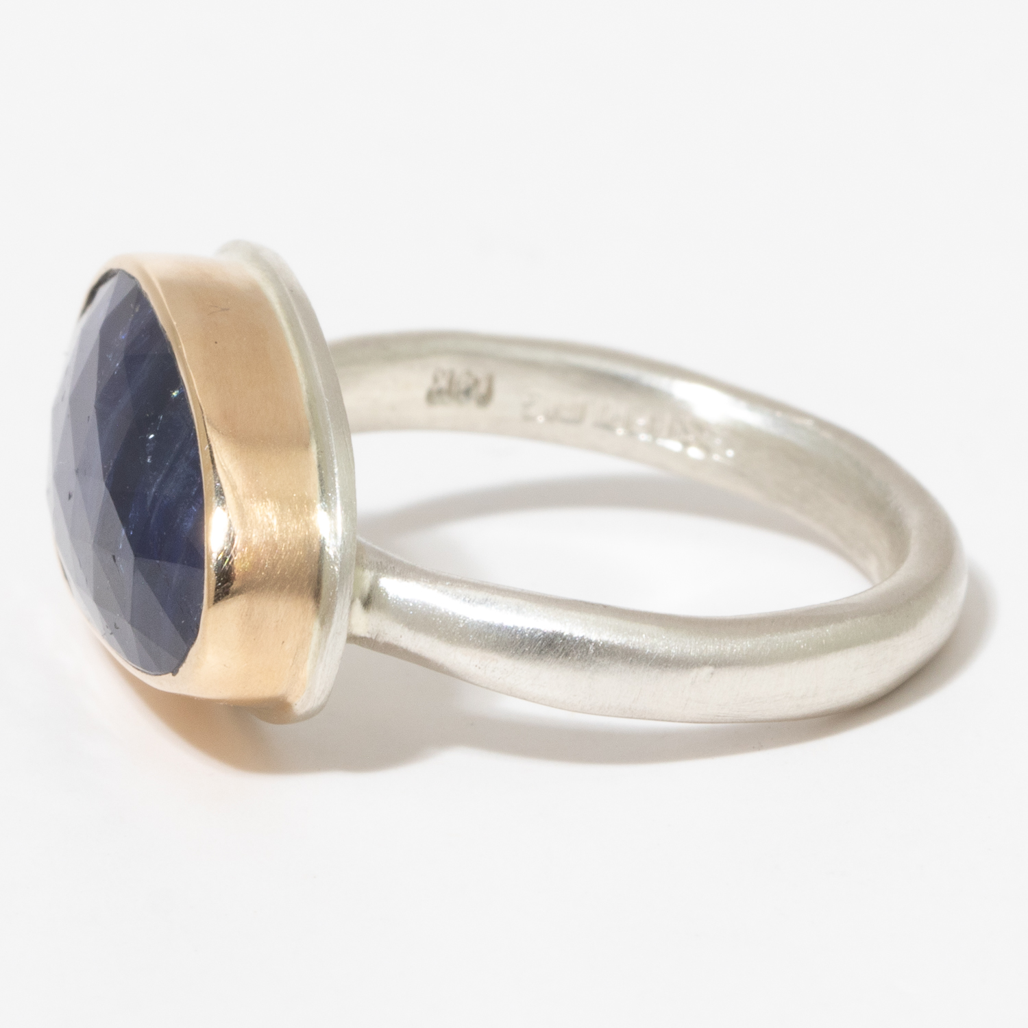 Jamie Joseph:Sterling & 14K Gold Ring w/ Small Asymmetrical Rose Cut BLUE SAPPHIRE on Middle Organic Band,sz 7.5,3/8 x 11/16