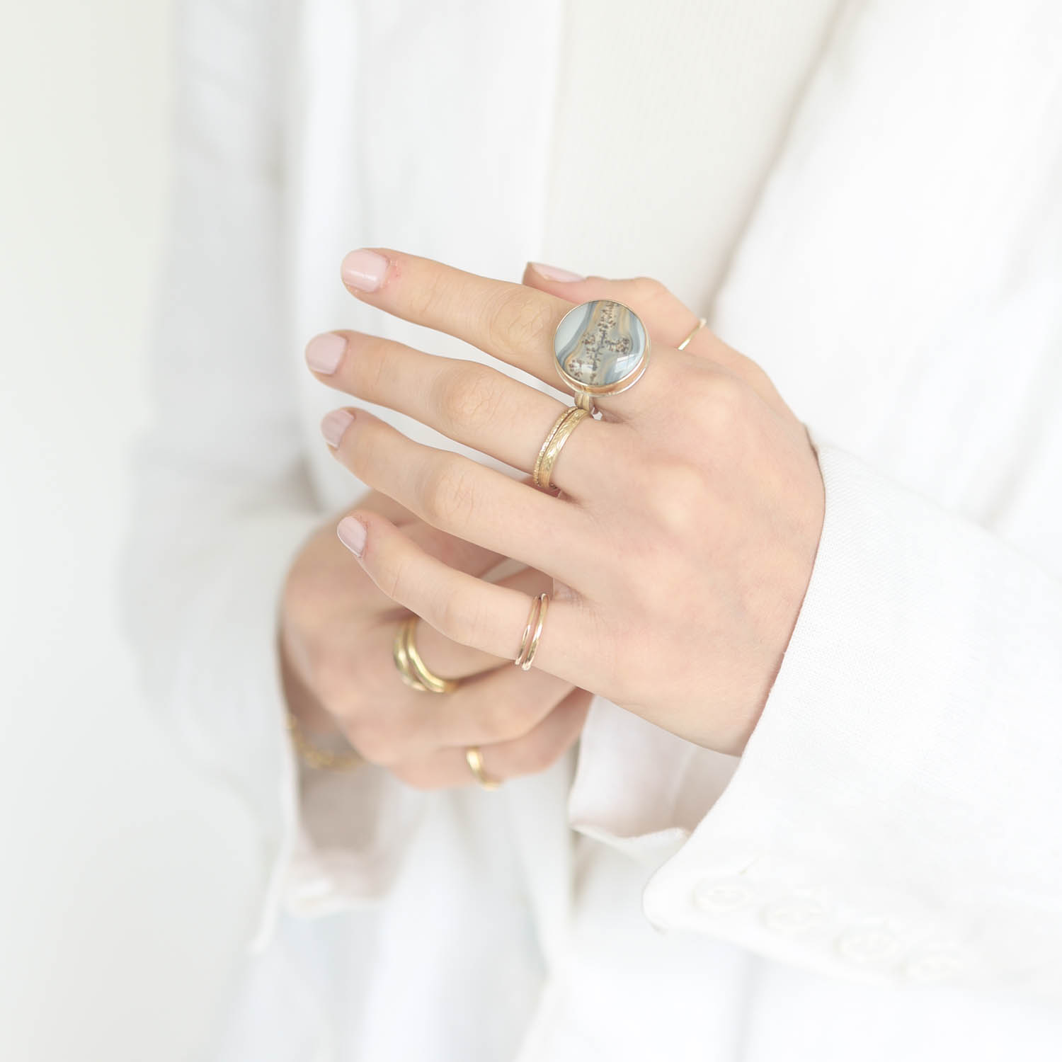 Jamie Joseph:Sterling & 14K Gold Ring w/ Round MALIGANO JASPER on Soft Live Edge Band,sz 7,3/4 diam