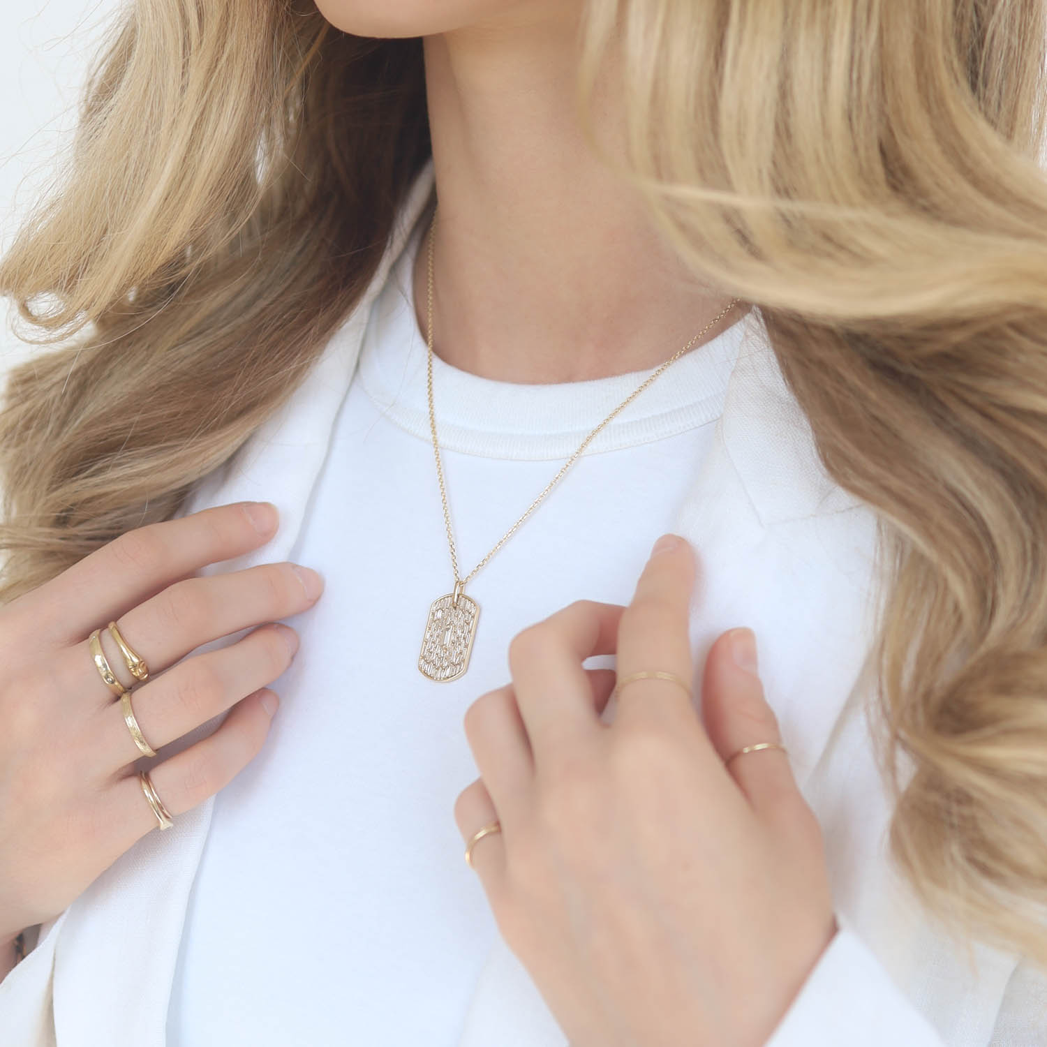 Suzanne Kalan: Necklace, White Gold Dog Tag Chain w/ Baguette Center Stone, 18k WG, 1.44tcw, 16"/18" length chain