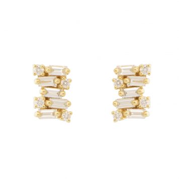 Suzanne Kalan: Earrings, Baguette & Round White Diamonds on Fireworks Setting, 18k YG, 0.69tcw
