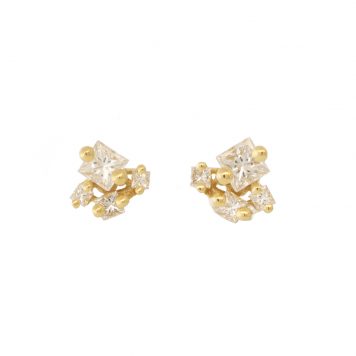 Suzanne Kalan: Earrings, Princess Cut White Diamond Studs, 18k YG, 0.42ct, 8 Stones