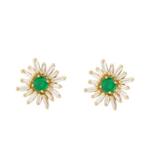 Suzanne Kalan: Earrings, One of a Kind Studs, White Baguette Diamond w/ Round Emerald Center Stone, 18k YG, 0.70tcw