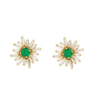Suzanne Kalan: Earrings, One of a Kind Studs, White Baguette Diamond w/ Round Emerald Center Stone, 18k YG, 0.70tcw