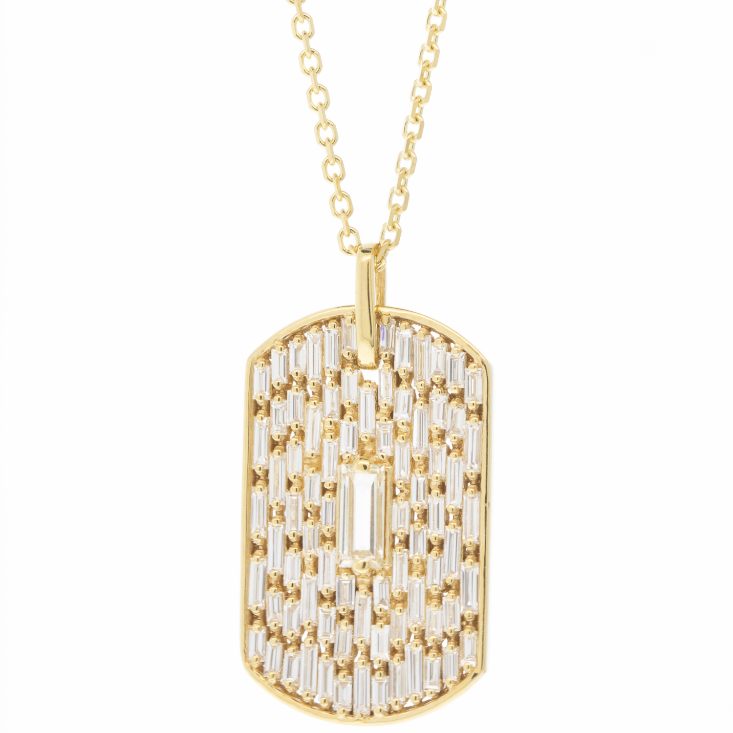 Suzanne Kalan: Necklace, White Gold Dog Tag Chain w/ Baguette Center Stone, 18k WG, 1.44tcw, 16"/18" length chain