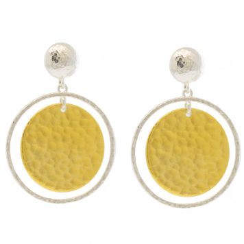 Gurhan:Earrings,SS 20mm/24k gold plated flake inside a 25mm round/silver geo hoop on 8 mm half lentil drop