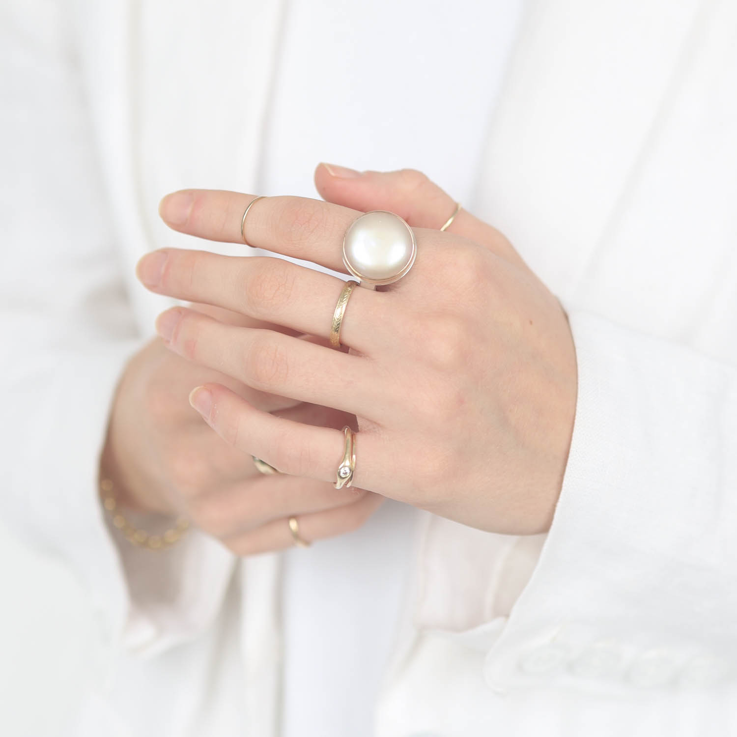 Jamie Joseph:Sterling & 14K Gold Ring w/ Round CULTURED PINK PEARL on Y Band