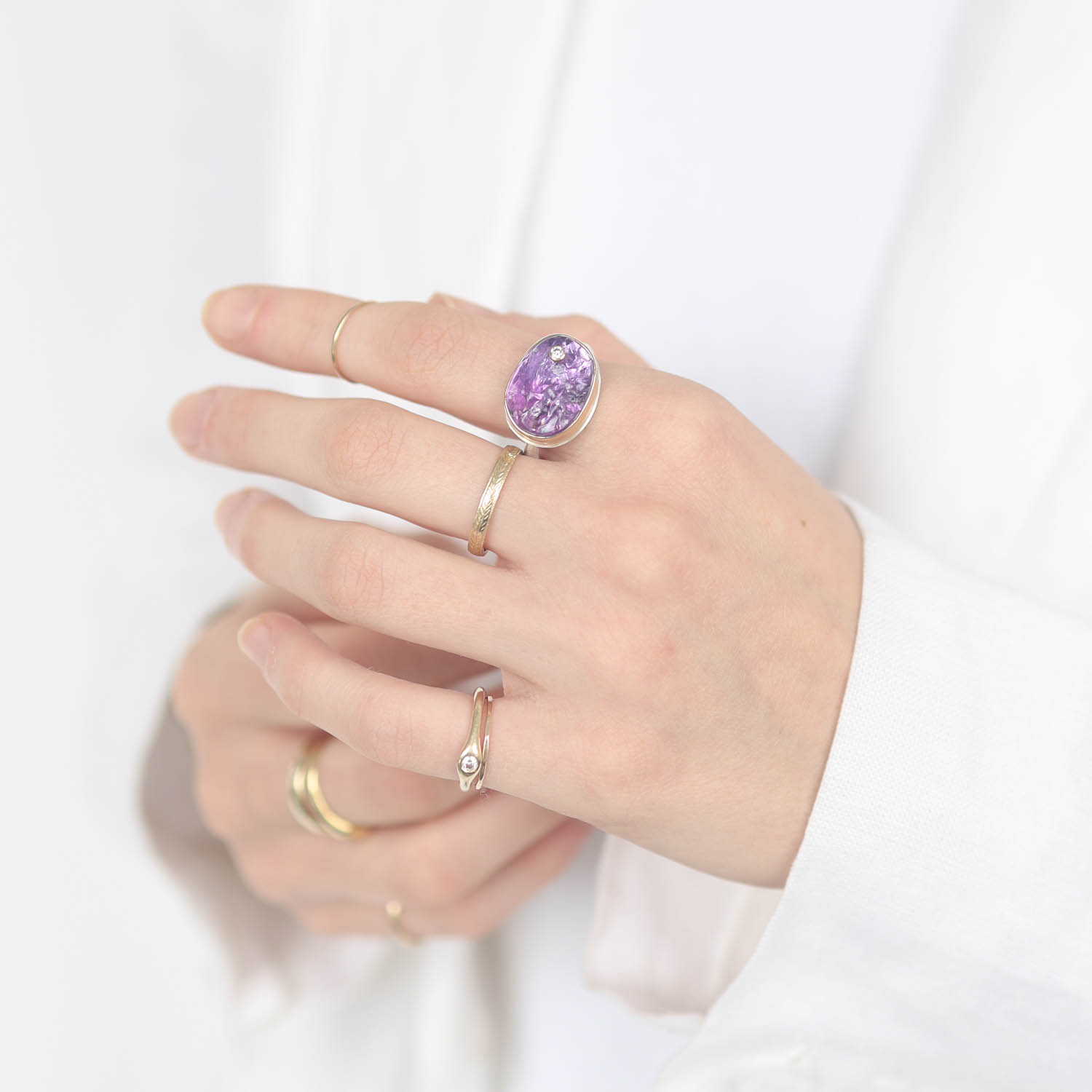 Jamie Joseph:Sterling & 14K Gold Ring w/Asymmetrical Surface Amethyst and .03 Pt Diamond on Egyptian Band