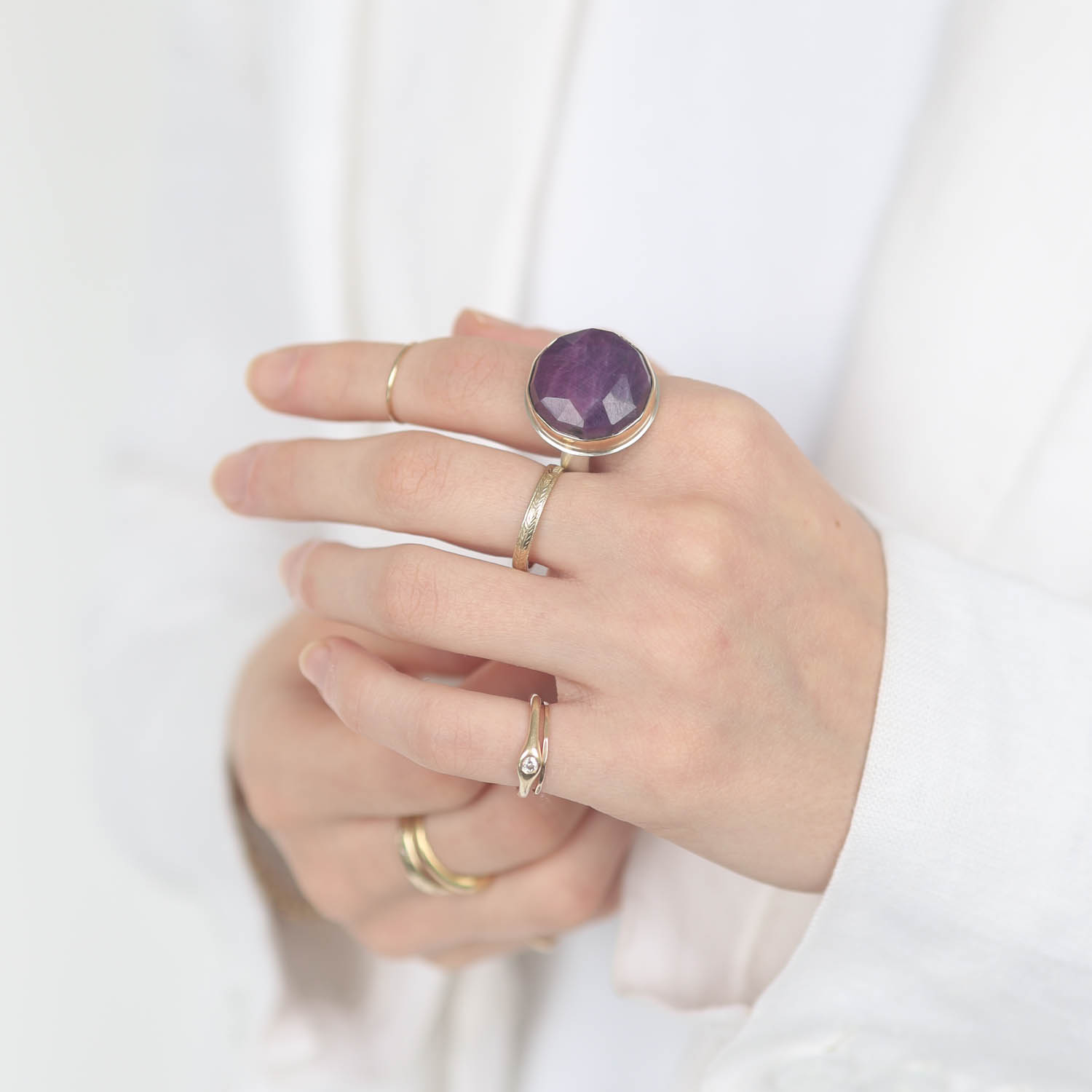 Jamie Joseph:Sterling & 14K Gold Ring w/ Round Rose Cut INDIAN RUBY on Comfort Band