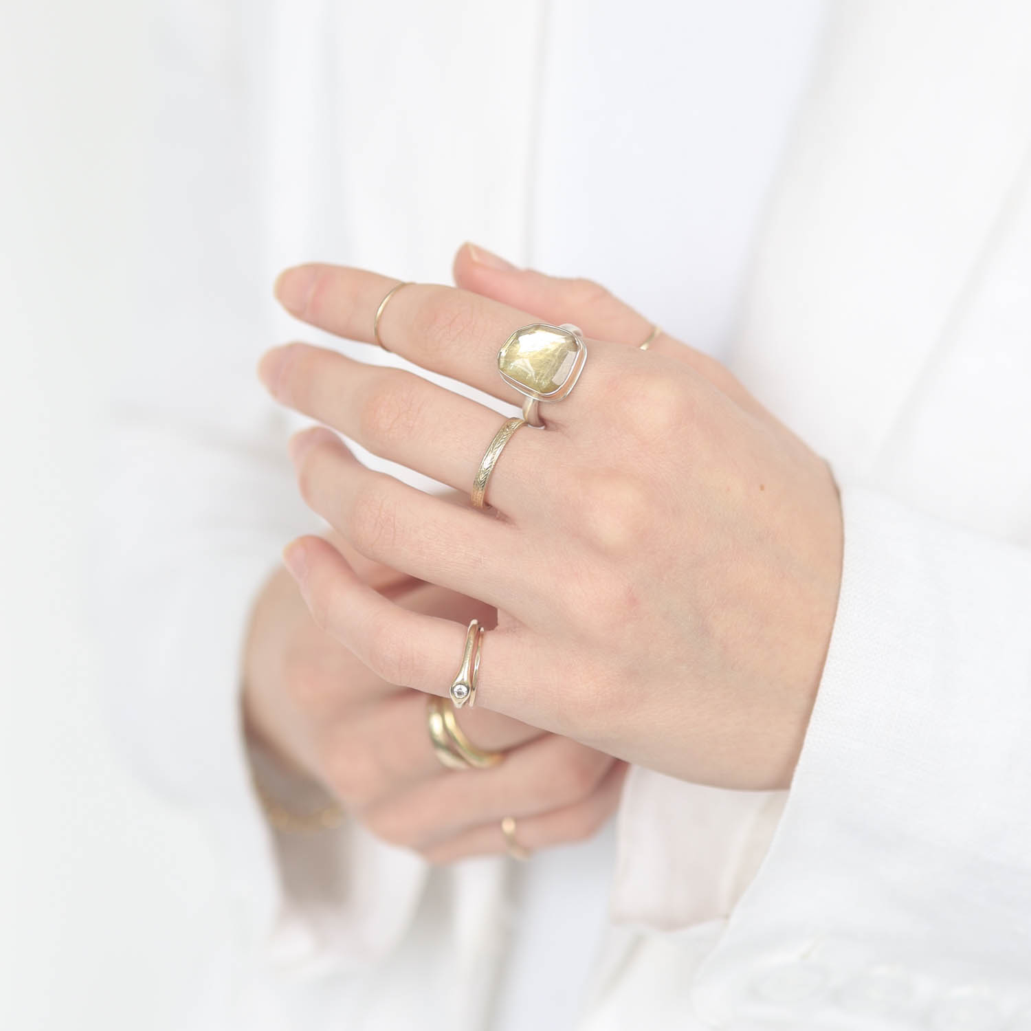 Jamie Joseph:Sterling & 14K Gold Ring w/Asymmetrical Faceted Yellow Tourmaline on Middle Organic Band