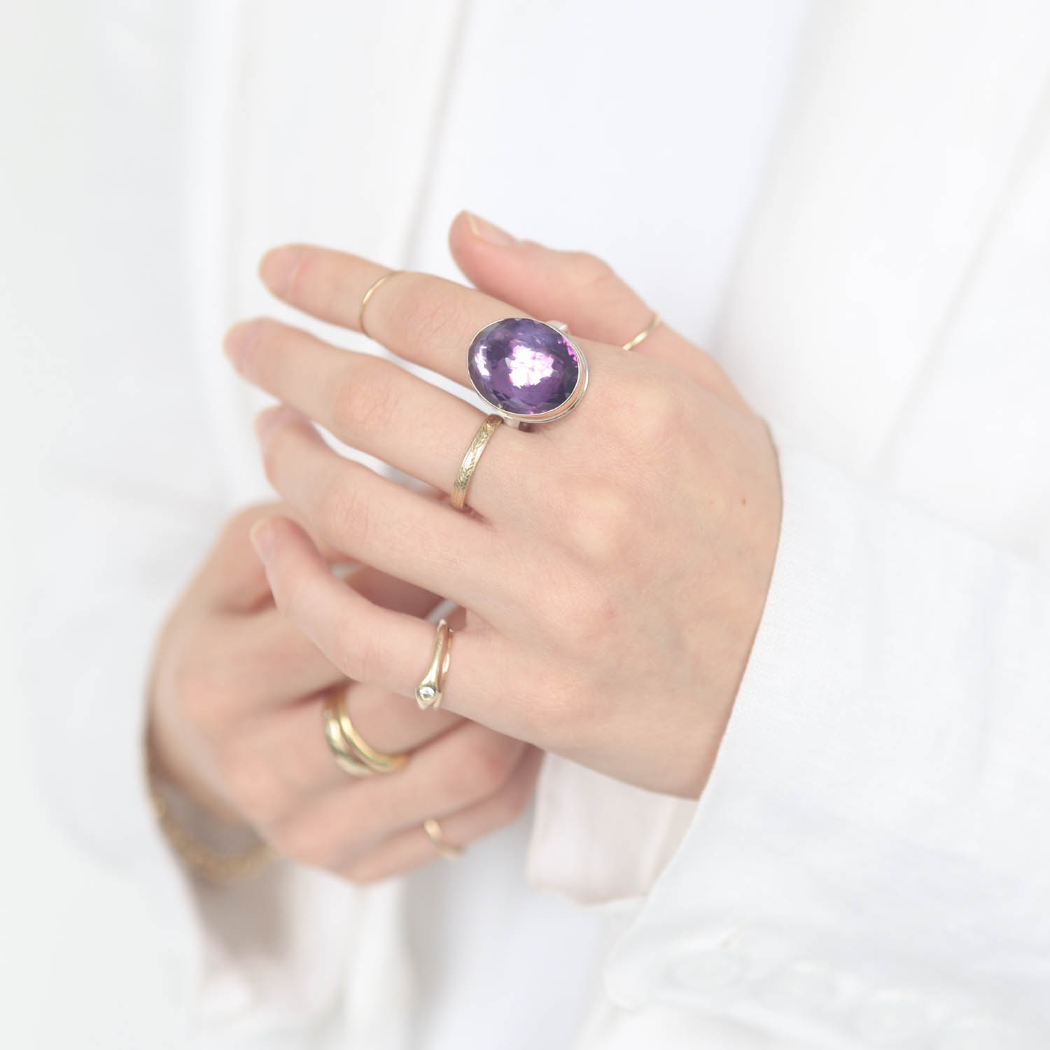 Jamie Joseph:Sterling & 14K Gold Ring w/ Vertical Oval Inverted AMETHYST on Soft Live Edge Band