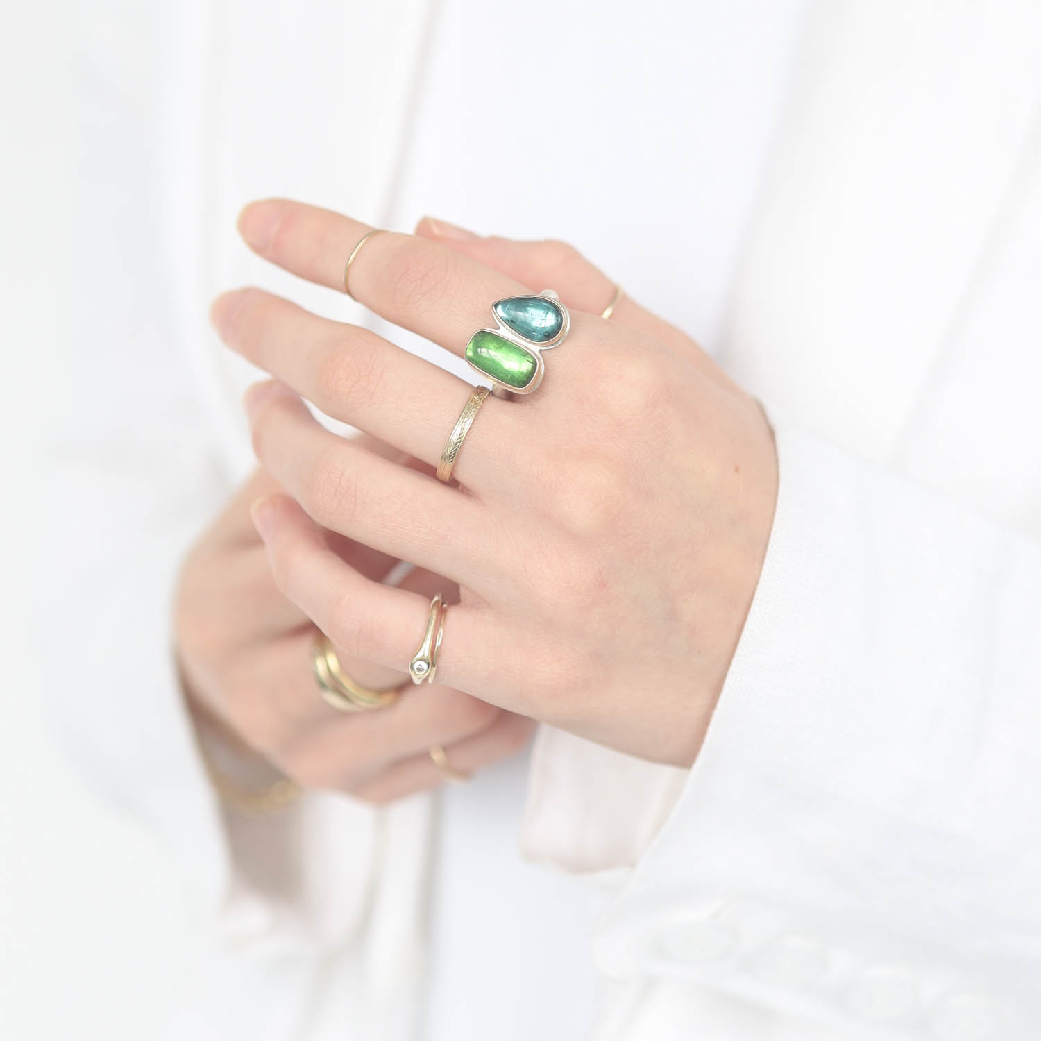 Jamie Joseph:Sterling & 14K Double Green and Blue Tourmaline ring on Egyptian Band