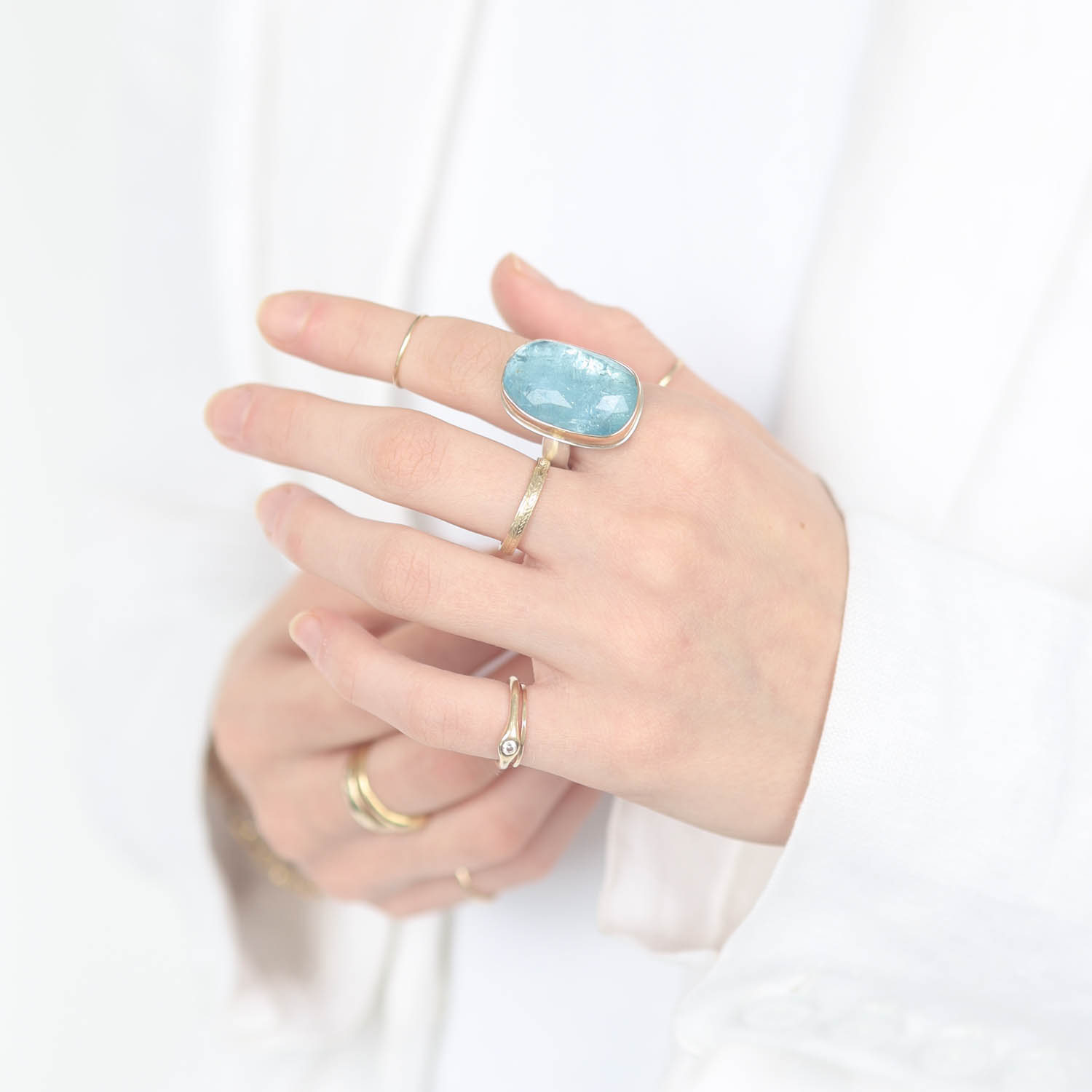 Jamie Joseph:Sterling & 14K Gold Ring w/ Vertical Asymmetrical Faceted AQUAMARINE on Groovy Band