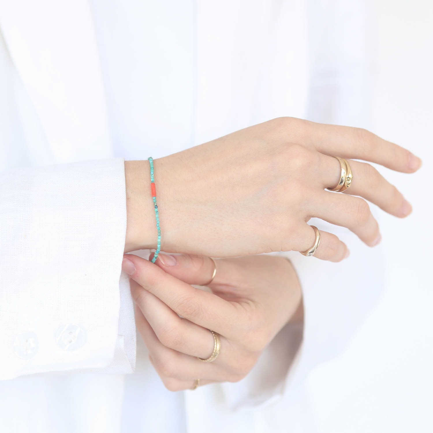 Margaret Solow: Bracelet, SS Clasp, Turquoise & Coral w/ Small Center Stone