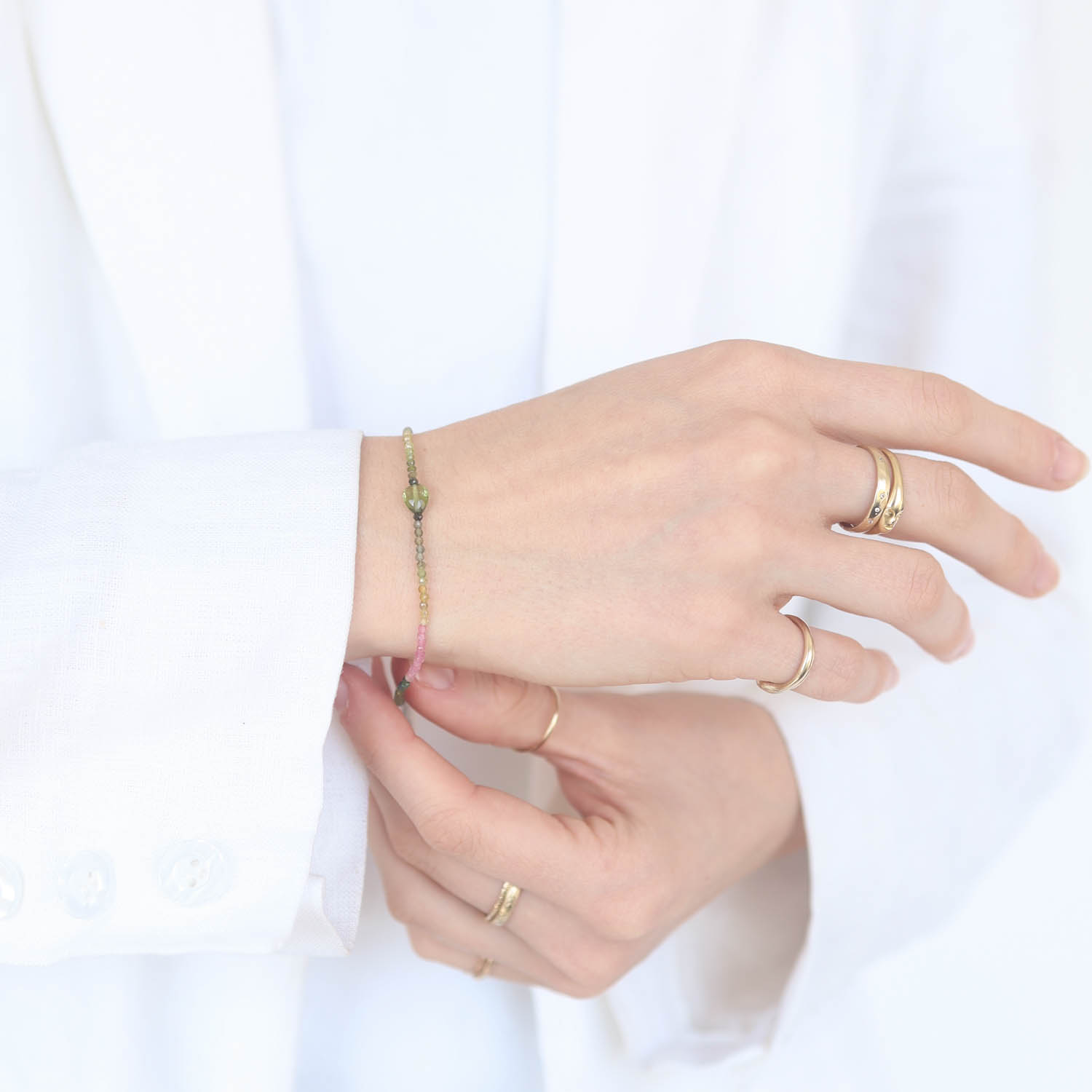 Margaret Solow: Bracelet, SS Clasp, Tourmaline w/ Green Center Stone