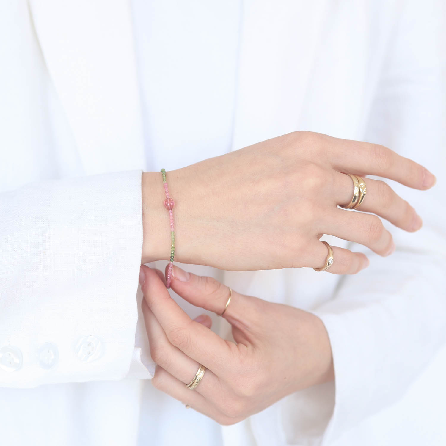 Margaret Solow: Bracelet, SS Clasp, Tourmaline w/ Pink Center Stone