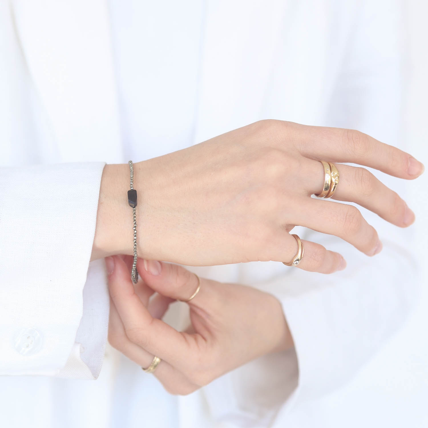 Margaret Solow: Bracelet, SS Clasp, Pyrite & Tourmaline - Organic