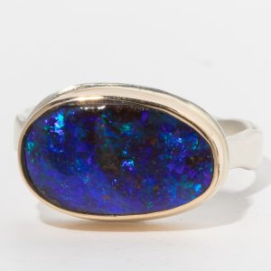 Jamie Joseph:Sterling & 14K Gold Ring w/ Small Asymmetrical BOULDER OPAL on Eroded Live Edge Band