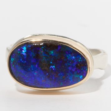 Jamie Joseph:Sterling & 14K Gold Ring w/ Small Asymmetrical BOULDER OPAL on Eroded Live Edge Band