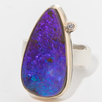 Jamie Joseph:Sterling & 14K Gold Ring w/ Triangular BOULDER OPAL & .025 ct Satellite Diamond on Eroded Live Edge Band