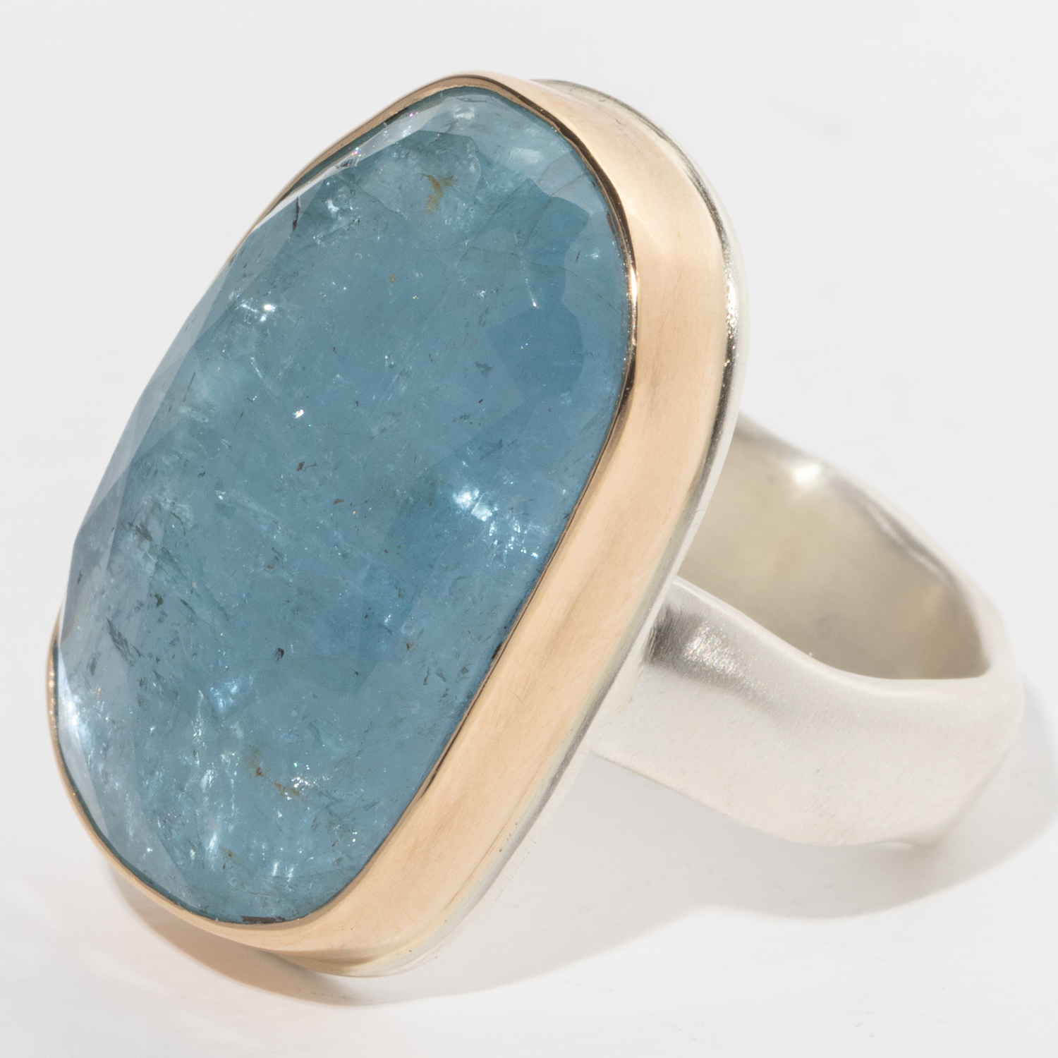Jamie Joseph:Sterling & 14K Gold Ring w/ Vertical Asymmetrical Faceted AQUAMARINE on Groovy Band