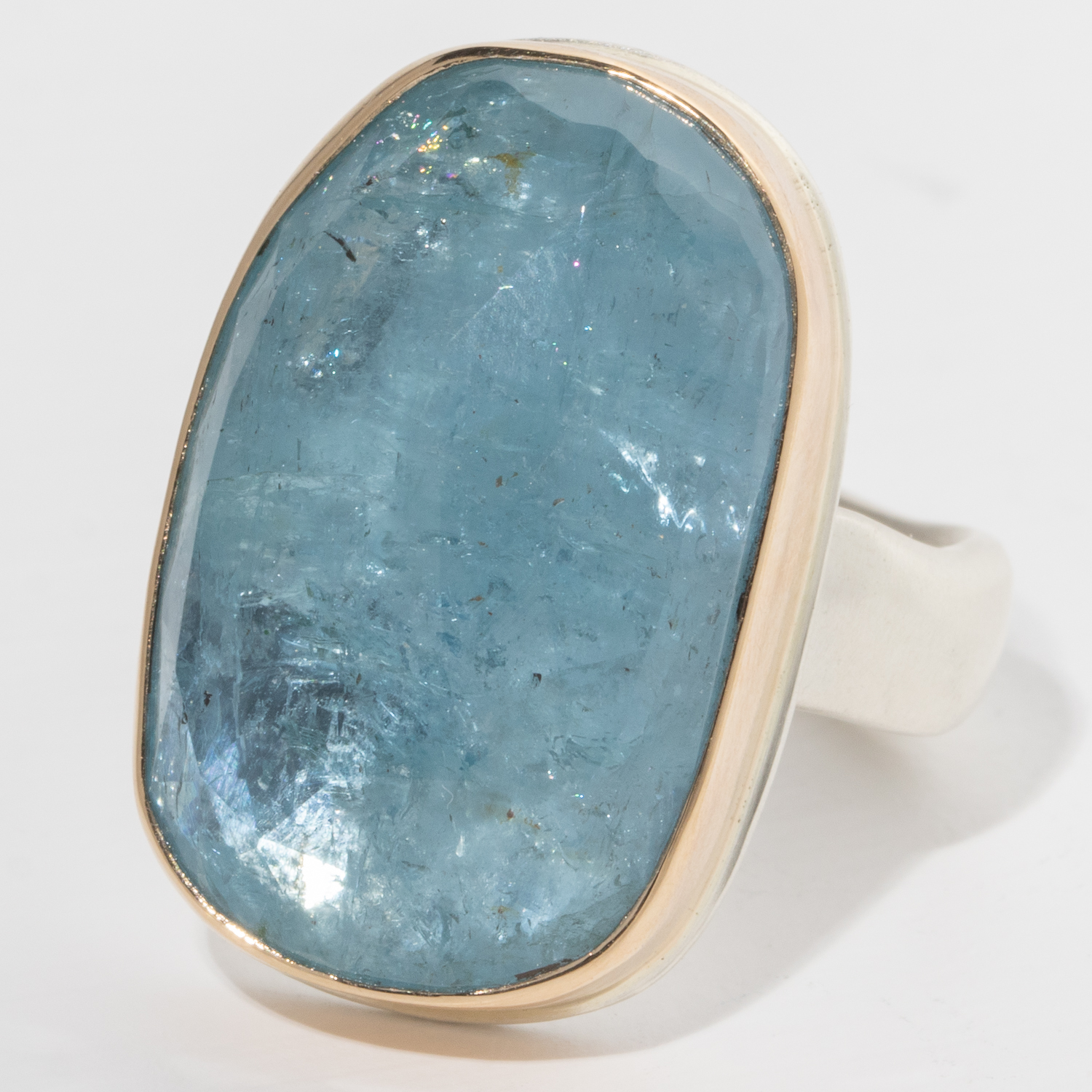 Jamie Joseph:Sterling & 14K Gold Ring w/ Vertical Asymmetrical Faceted AQUAMARINE on Groovy Band