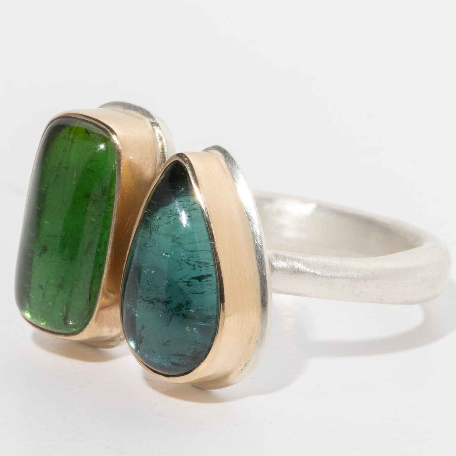 Jamie Joseph:Sterling & 14K Double Green and Blue Tourmaline ring on Egyptian Band