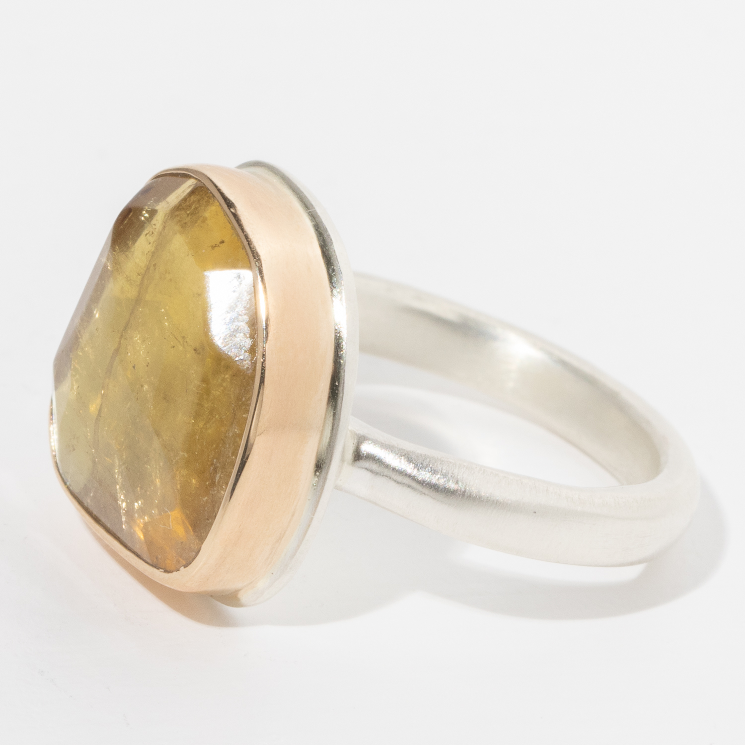 Jamie Joseph:Sterling & 14K Gold Ring w/Asymmetrical Faceted Yellow Tourmaline on Middle Organic Band