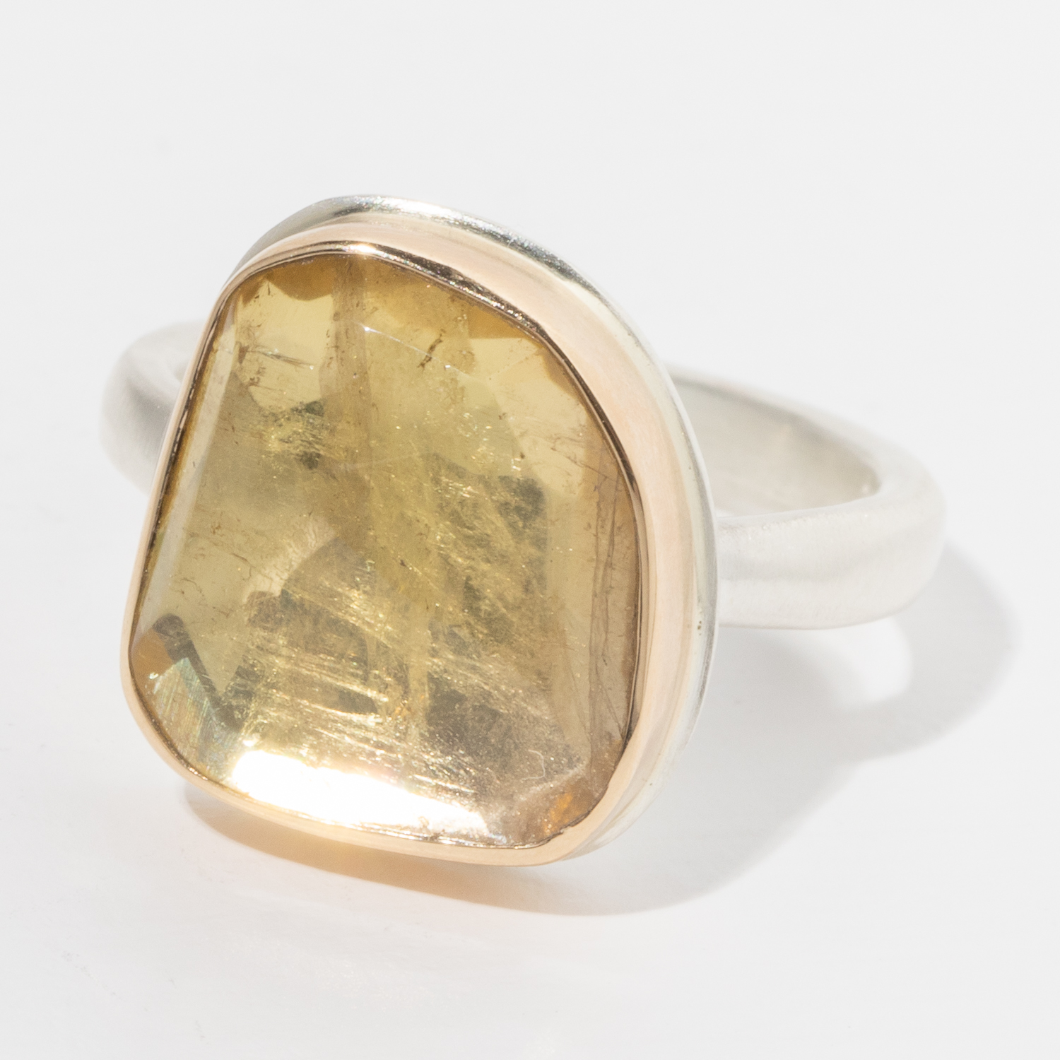 Jamie Joseph:Sterling & 14K Gold Ring w/Asymmetrical Faceted Yellow Tourmaline on Middle Organic Band