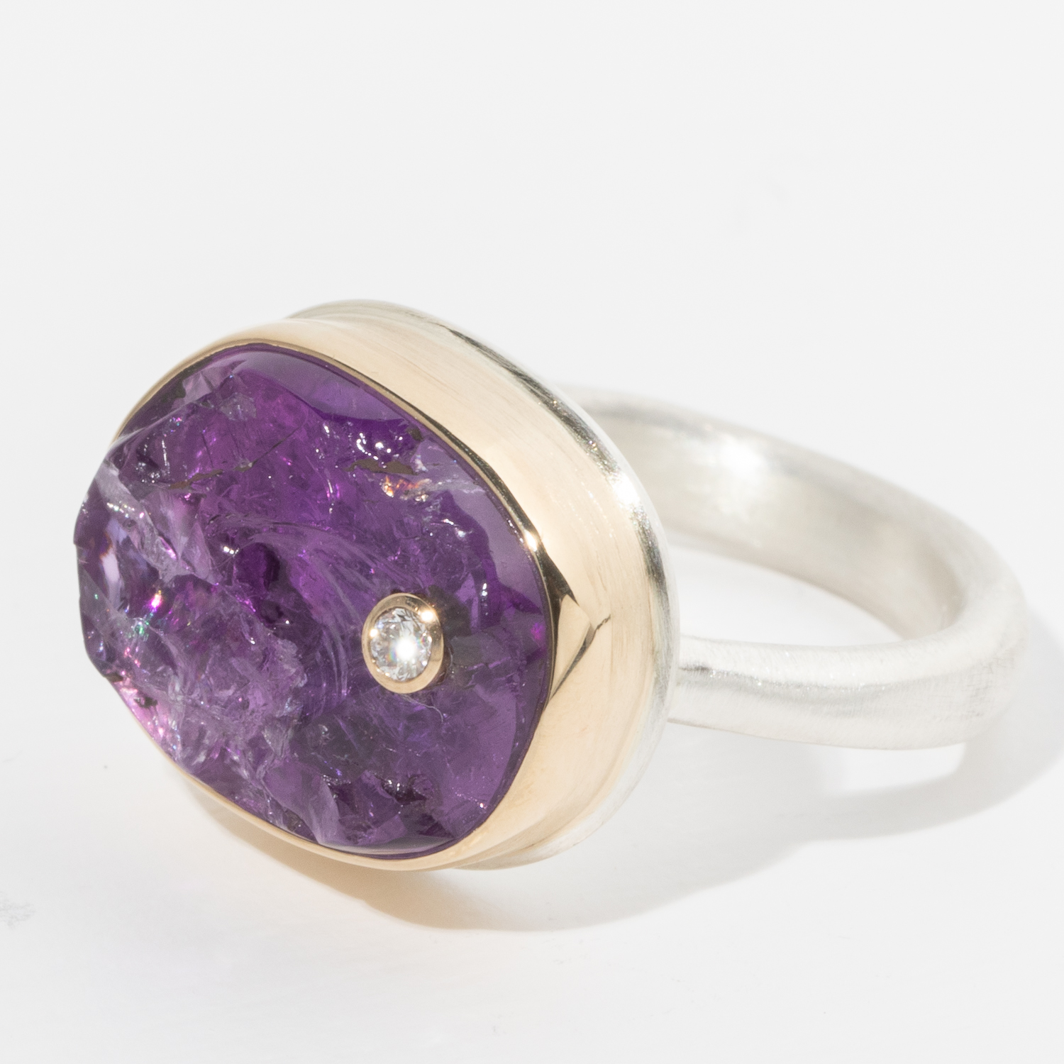 Jamie Joseph:Sterling & 14K Gold Ring w/Asymmetrical Surface Amethyst and .03 Pt Diamond on Egyptian Band
