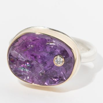 Jamie Joseph:Sterling & 14K Gold Ring w/Asymmetrical Surface Amethyst and .03 Pt Diamond on Egyptian Band