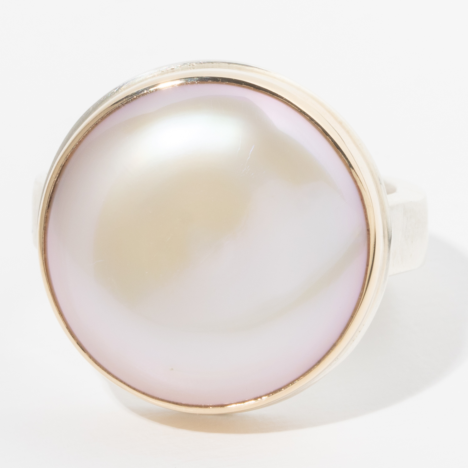 Jamie Joseph:Sterling & 14K Gold Ring w/ Round CULTURED PINK PEARL on Y Band