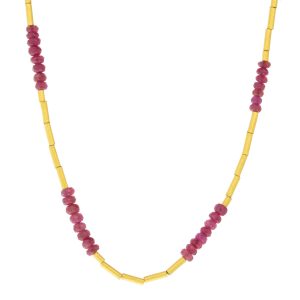 Gurhan:Necklace,SINGLE strand 24k yg,Ruby beads 8.00 CTW,24k hollow gold tubes,18k clasp