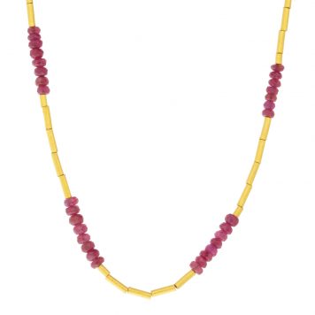 Gurhan:Necklace,SINGLE strand 24k yg,Ruby beads 8.00 CTW,24k hollow gold tubes,18k clasp