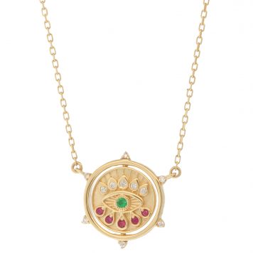 Three Stories Jewelry: Heart and Evil Eye Double Sided Flip Necklace, 14k, Diamond, Emerald, Sapphire