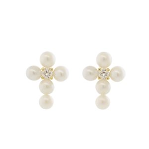 Mizuki: Earrings, Small Freshwater Pearl and Diamond Cross, 2.5mm, .06ct, 14k