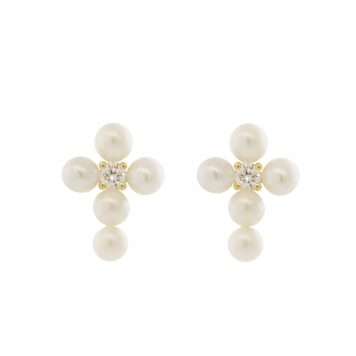 Mizuki: Earrings, Small Freshwater Pearl and Diamond Cross, 2.5mm, .06ct, 14k