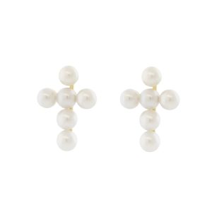 Mizuki: Earrings, Small Freshwater Pearl Cross, 3mm, .06ct, 14k