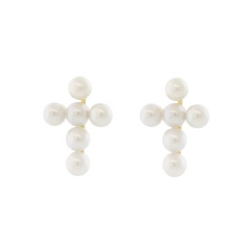 Mizuki: Earrings, Small Freshwater Pearl Cross, 3mm, .06ct, 14k
