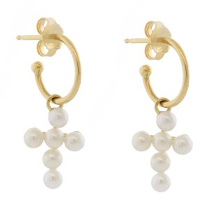 Mizuki: Earrings, Small Freshwater Pearl Cross Hoops, 3mm, .06ct, 14k